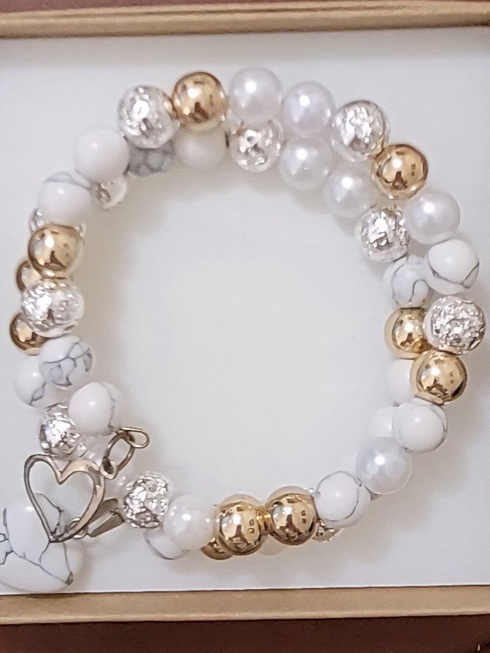 Eye Popping White and Gold Double Wrist Wrap with Heart Charms
